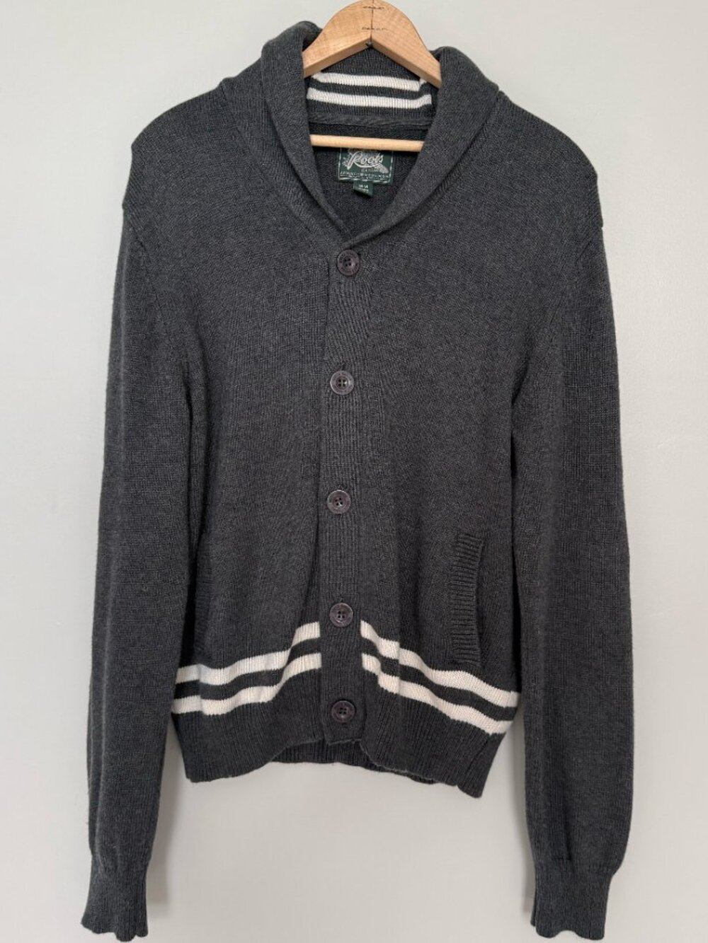 Roots Canada Shawl Collar Varsity Cardigan Sweater M Charcoal Gray